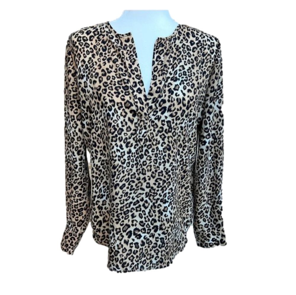 "catherine Malandrino Leopard Top Beige Brown LS Round Hem S"